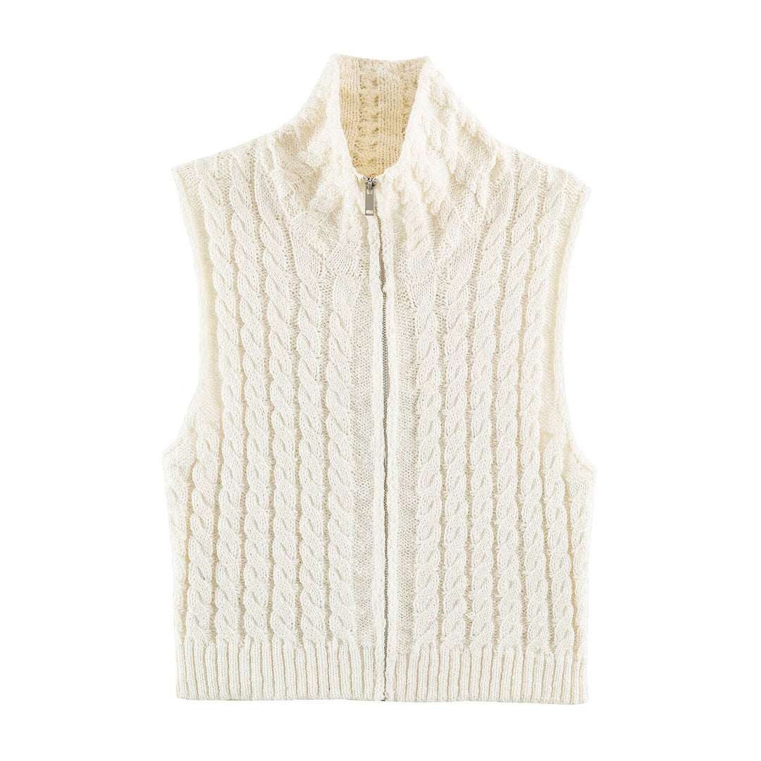 Women Sleeveless Cable Knit Vest with Stand-Up Collar and Full Zipper Mune Fashion