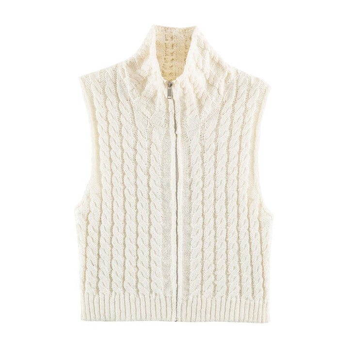 Women Sleeveless Cable Knit Vest with Stand-Up Collar and Full Zipper Mune Fashion