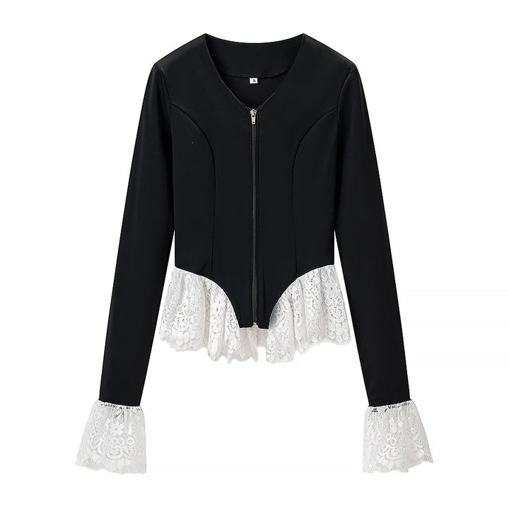 Women's Tailored Zip Jacket with Lace Ruffle at the Hem and Sleeve Cuff Mune Fashion