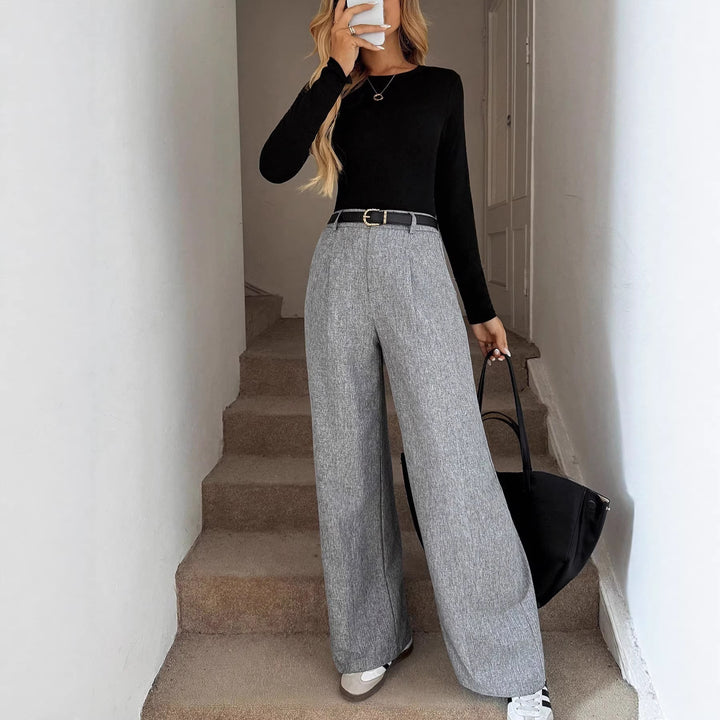 Ladies Elegant Palazzo Pants with High Waist and Fine Linen Texture Mune Fashion