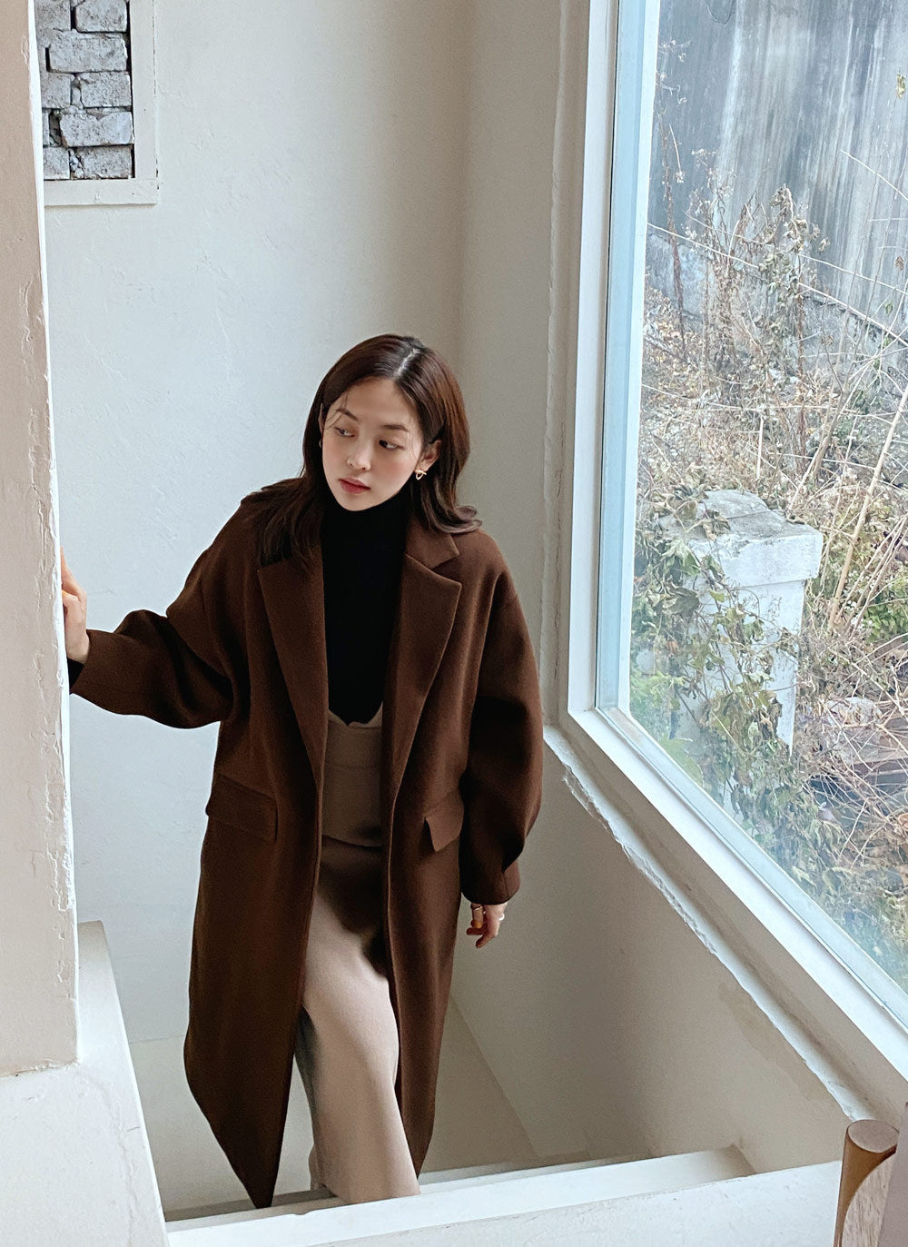 Women Longline Wool Blend Coat with boxy oversized fit and clean lapel Mune Fashion