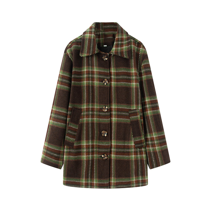 Women's checked wool blend coat with shirt collar, hidden button placket and patch pockets Mune Fashion