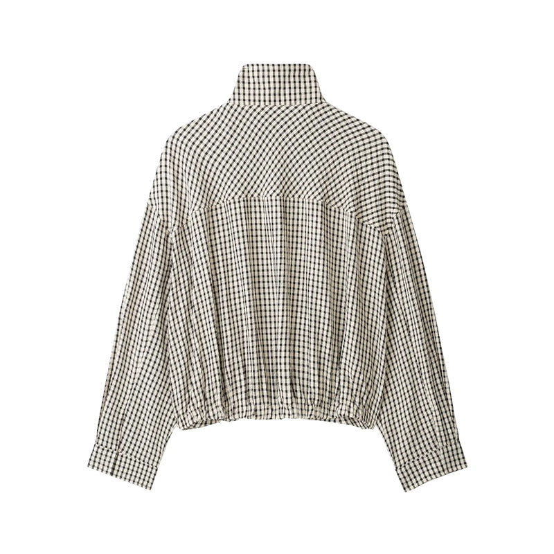 Women's short cropped checkered blouson jacket with stand-up collar, elastic hem and hidden zipper Mune Fashion
