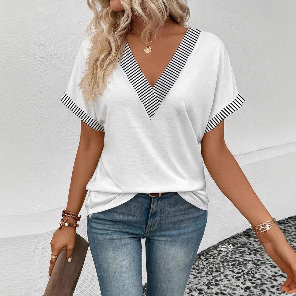 Ladies casual T-shirt with deep V-neck and striped contrasting trims Mune Fashion