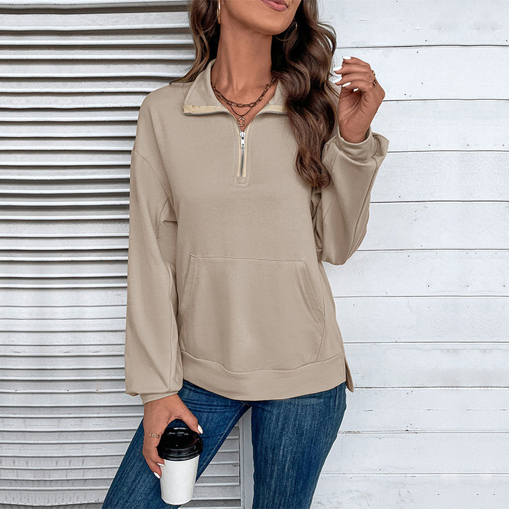 Women's Lightweight Half-Zip Sweatshirt in Relaxed Fit with Kangaroo Pocket and Stand-Up Collar Mune Fashion