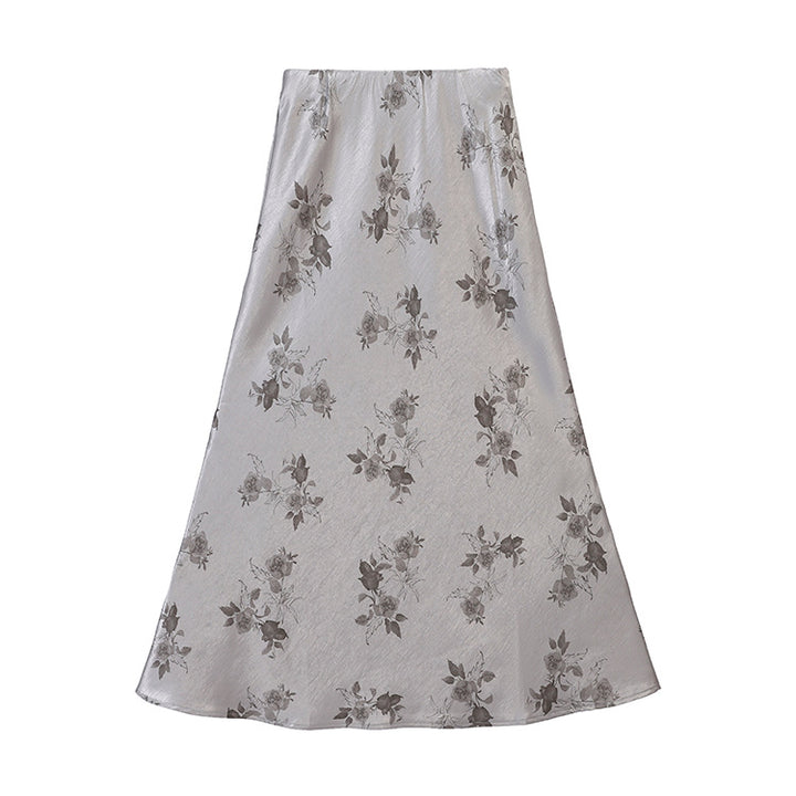 Women's high-waisted A-line midi skirt in jacquard-like satin with floral relief print.