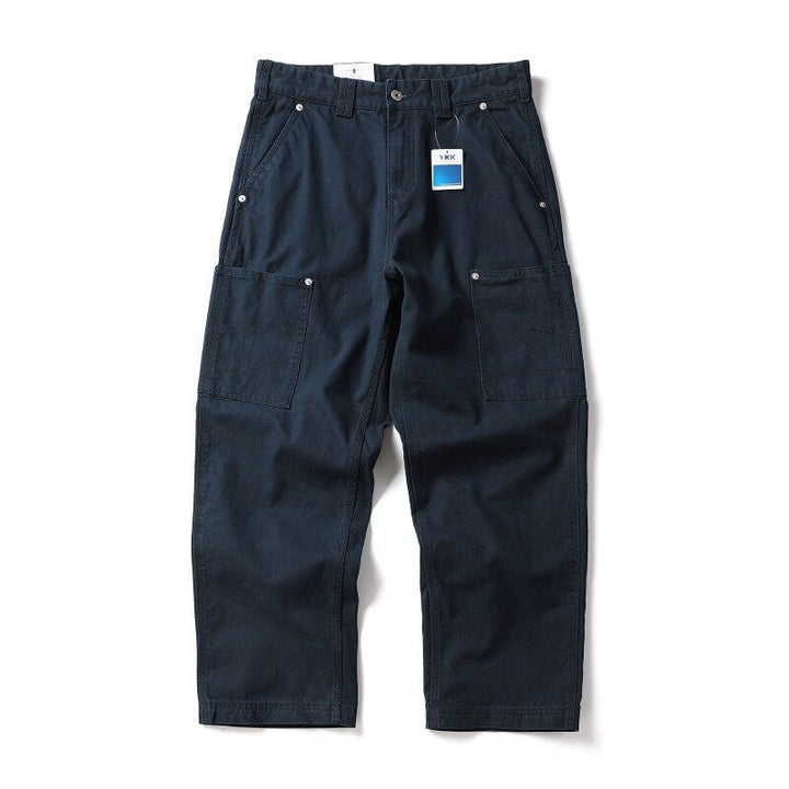Men's Wide Canvas Cargo Pants with Large Patch Leg Pockets and Relaxed Baggy Cut Mune Fashion