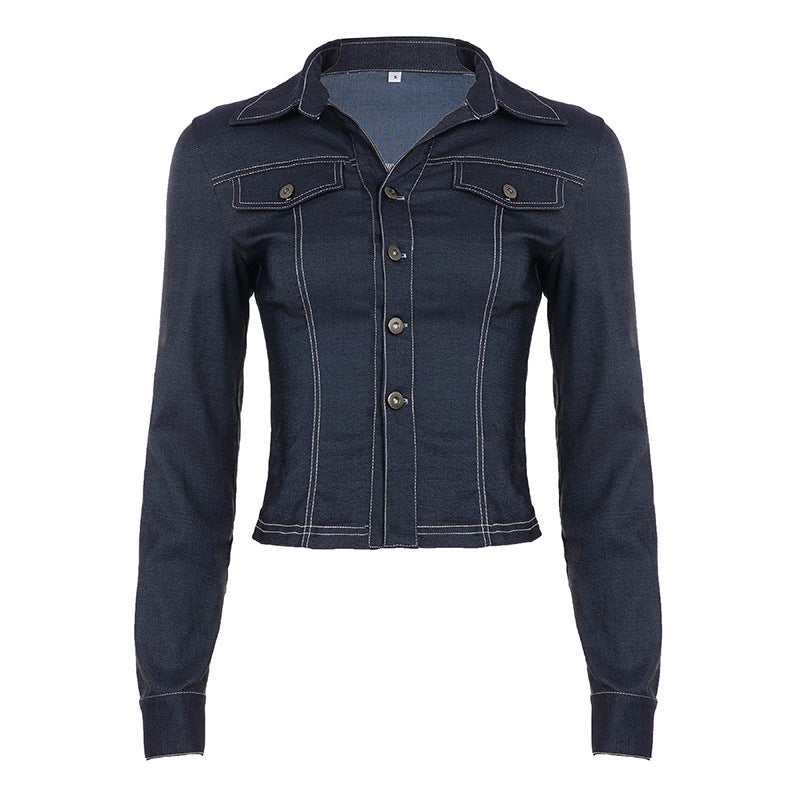 Women's fitted denim jacket with striking contrast seams, chest pockets, and figure-flattering cut Mune Fashion