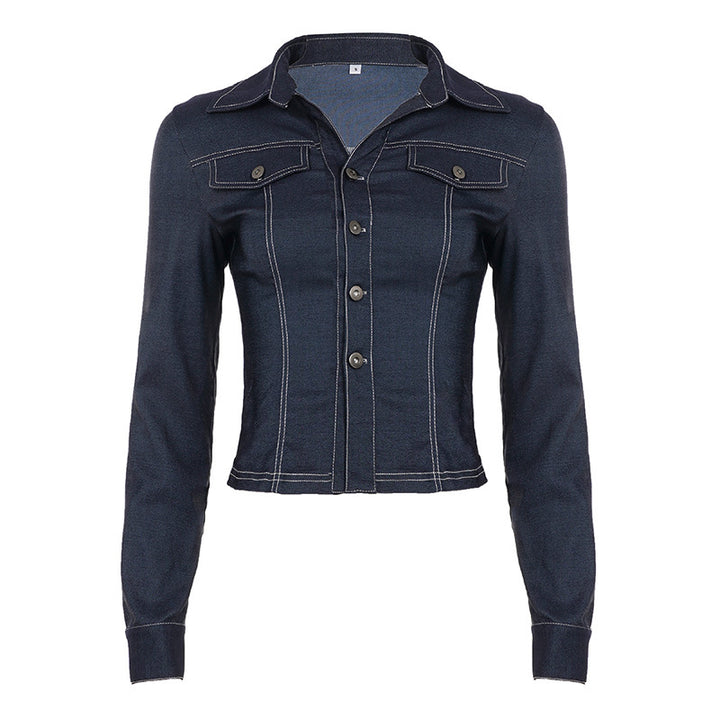 Women's fitted denim jacket with striking contrast seams, chest pockets, and figure-flattering cut Mune Fashion