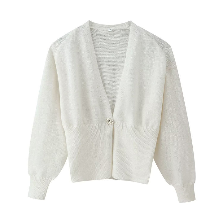 Women Short V-Neck Cardigan with Balloon Sleeves and Decorative Button Mune Fashion