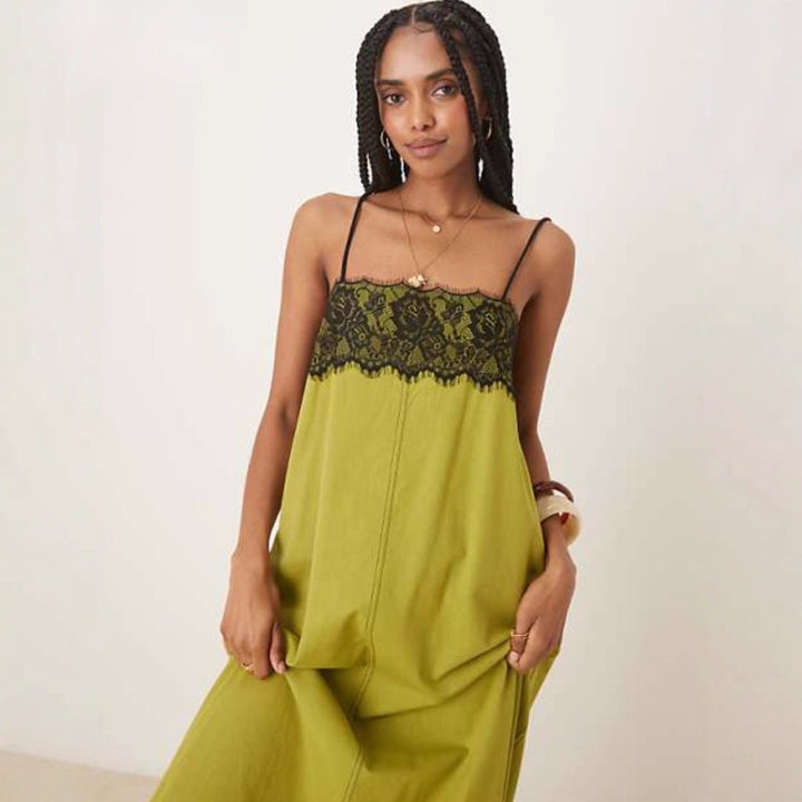 Women's nightgown inspired maxi dress with lace bustier and narrow spaghetti straps Mune Fashion