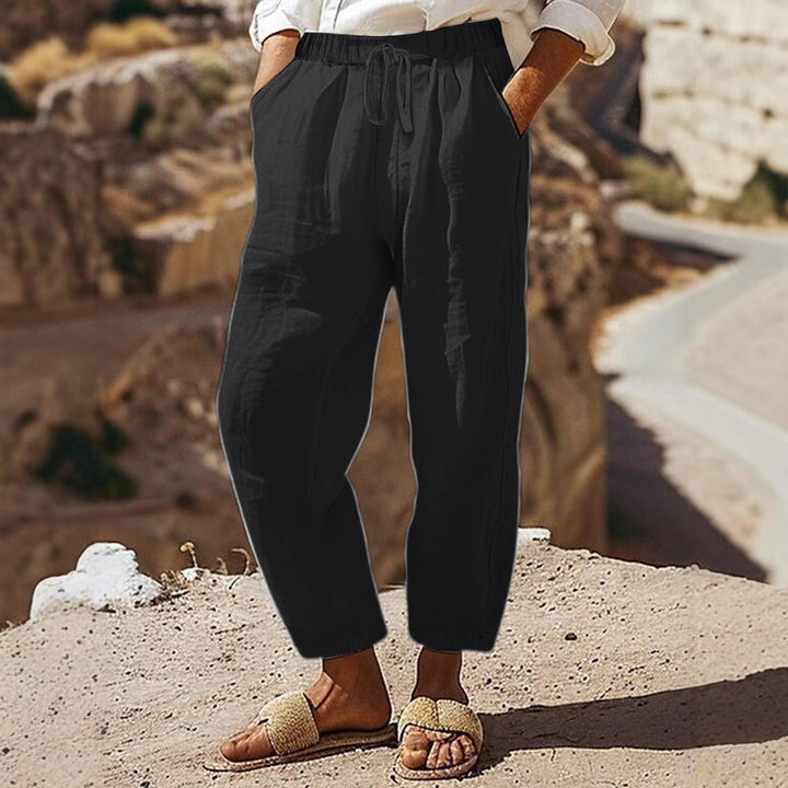 Women's Casual Chino Linen Look Culotte with Elastic Drawstring Waist and Side Pockets Mune Fashion