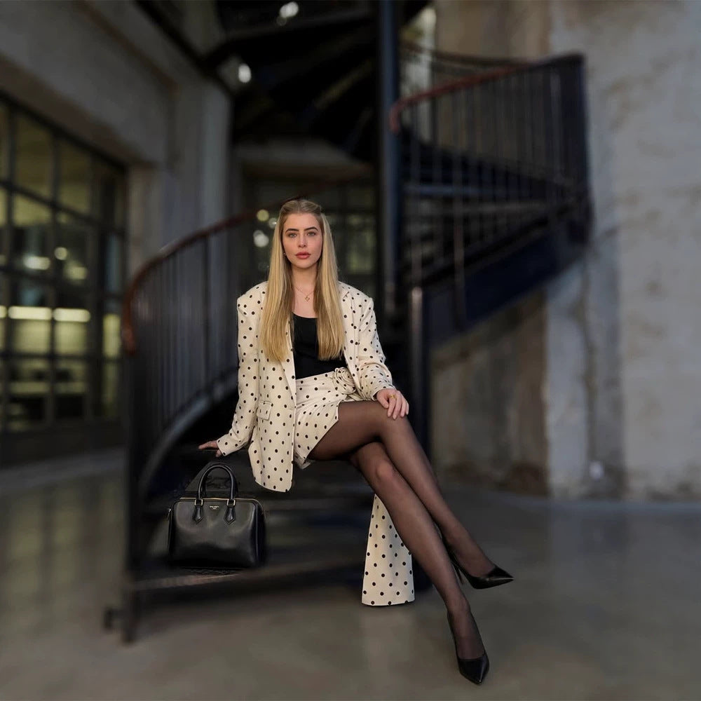 Ladies Two-Piece Blazer and Wrap Mini Skirt Set with Dots and Decorative Bow Mune Fashion