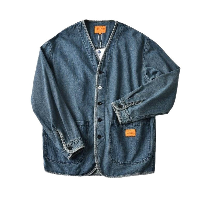 Men's denim chore jacket in worker look with V-neck and patch pockets Mune Fashion