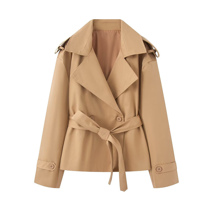 Women's Short Cut Trench Coat with Waist Belt and Wide Lapels Mune Fashion