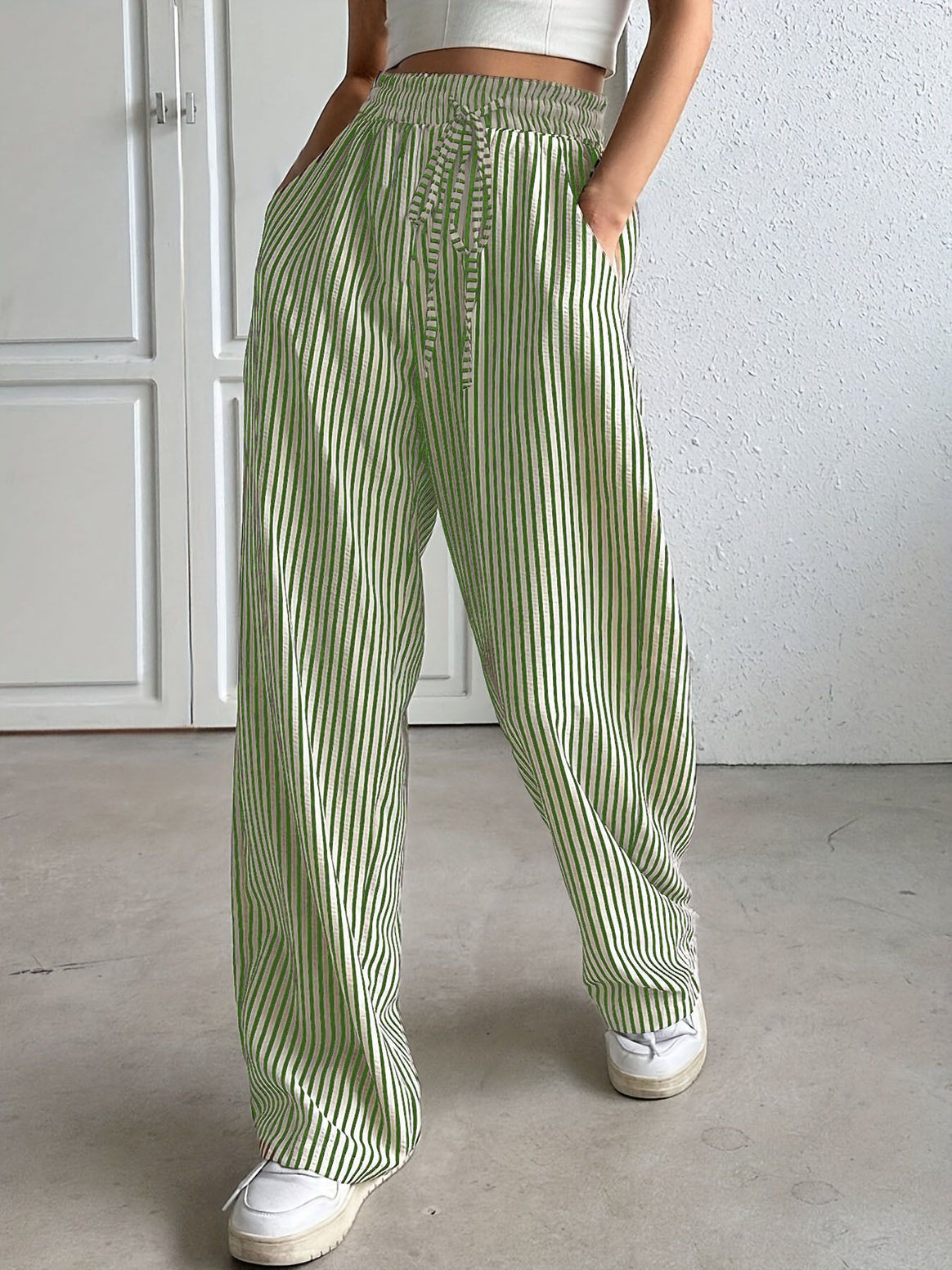 Women's Marlene striped pants made of linen blend with wide leg, elastic waistband and drawstring Mune Fashion