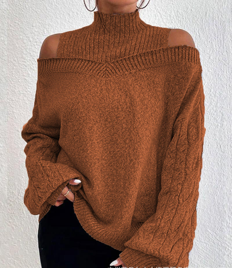Women's off-the-shoulder knitted pullover with stand-up collar and cable-knit sleeves Mune Fashion