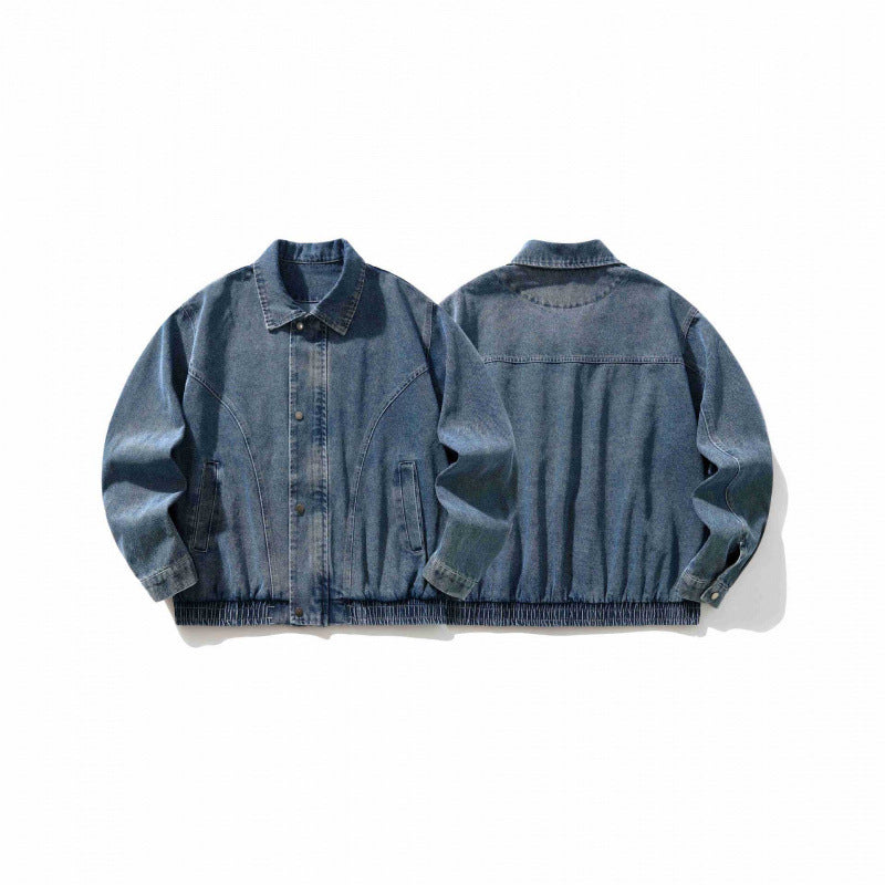 Men's Oversized Denim Jacket with Elastic Hem and Concealed Snap Button Placket Mune Fashion