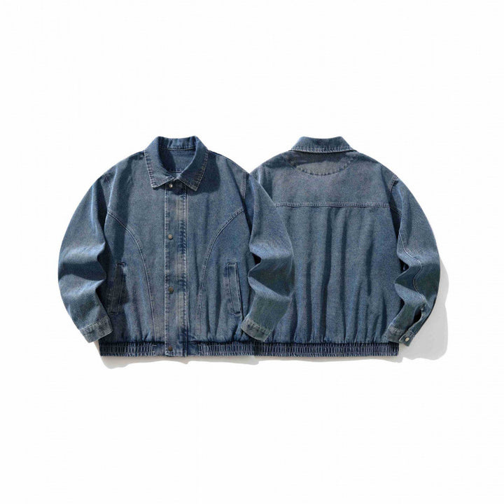 Men's Oversized Denim Jacket with Elastic Hem and Concealed Snap Button Placket Mune Fashion