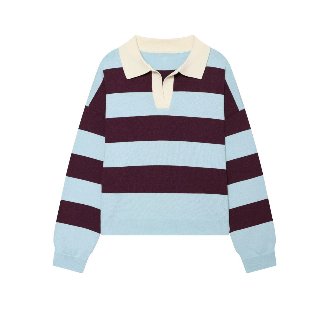 Women Oversized Rugby Sweater with Polo Collar and Wide Block Stripes Mune Fashion