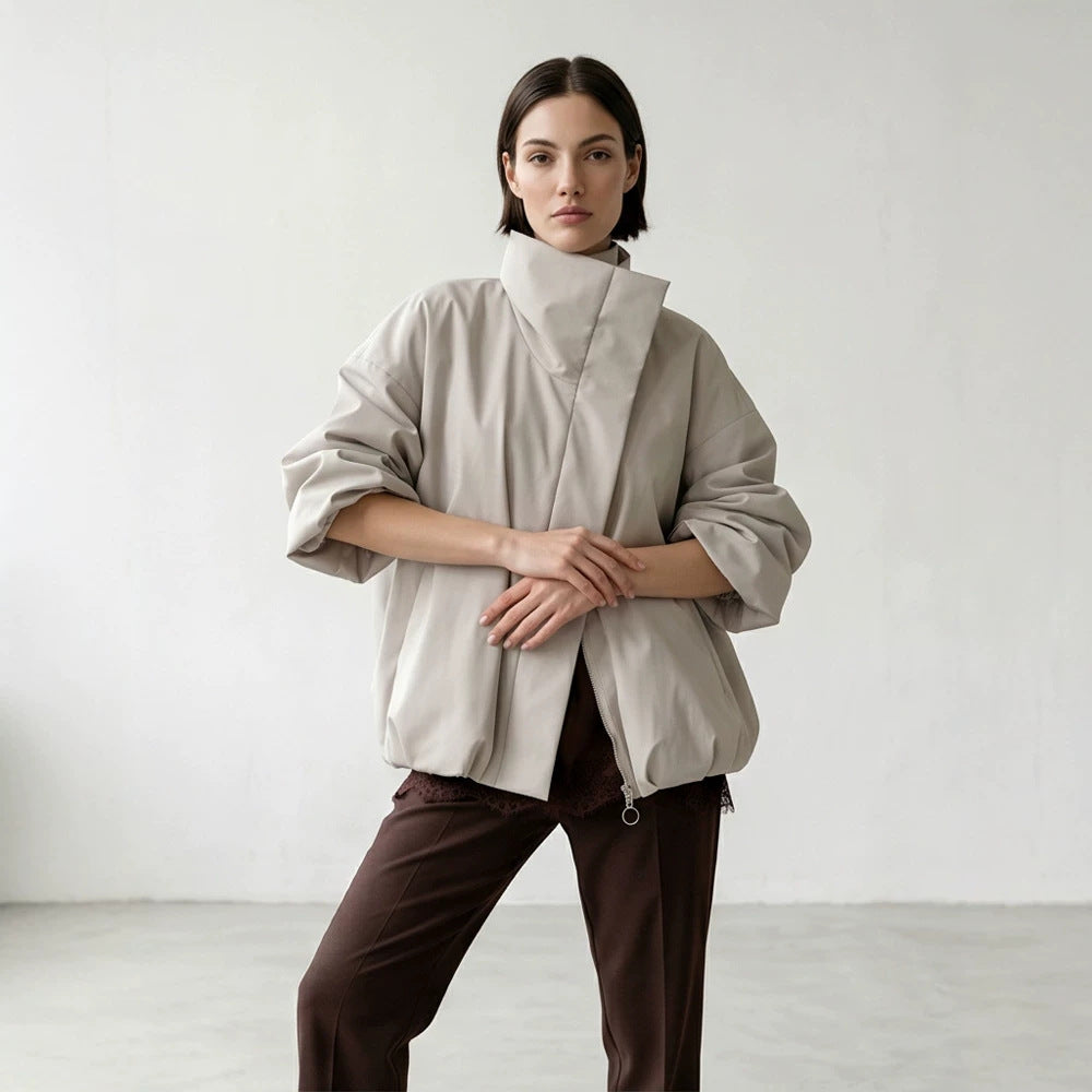 Women's boxy short quilted jacket with high asymmetric stand-up collar Mune Fashion