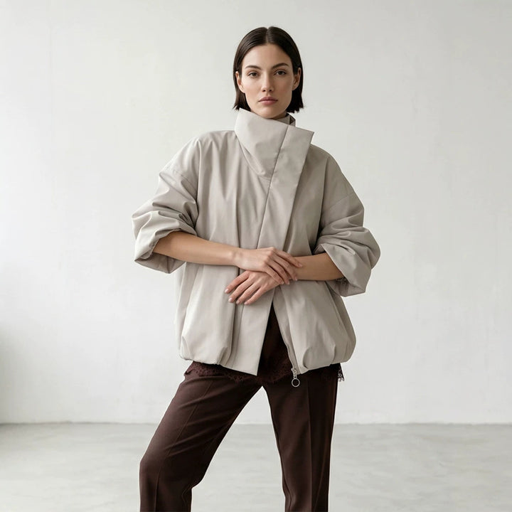 Women's boxy short quilted jacket with high asymmetric stand-up collar Mune Fashion