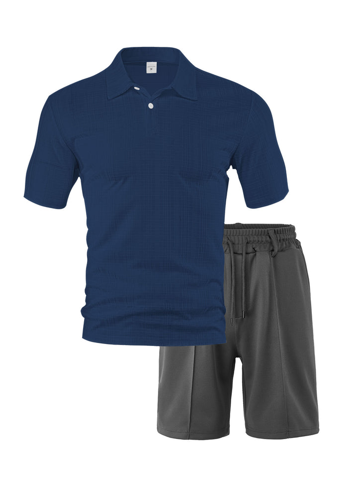 Men's two-piece summer travel set with textured short-sleeve polo shirt and functional mesh shorts Mune Fashion