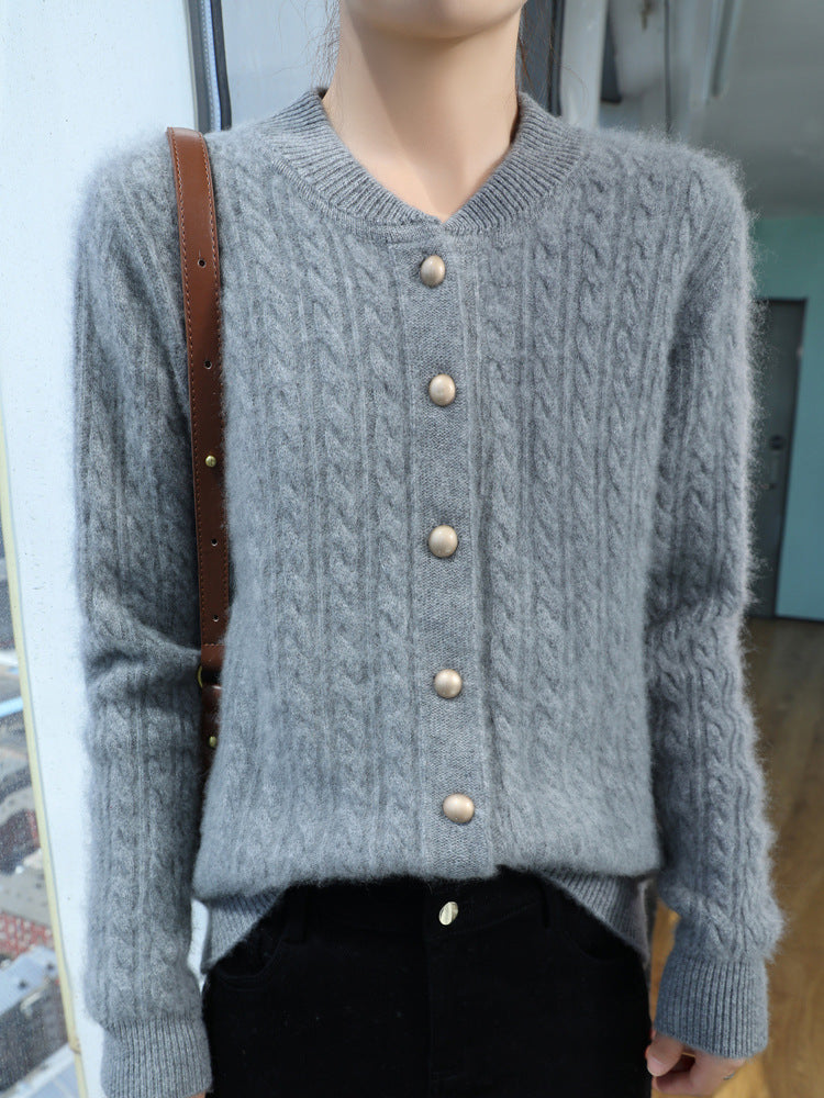 Women's Lightweight Cable Knit Cardigan in Mohair Look with Decorative Pearl Buttons Mune Fashion