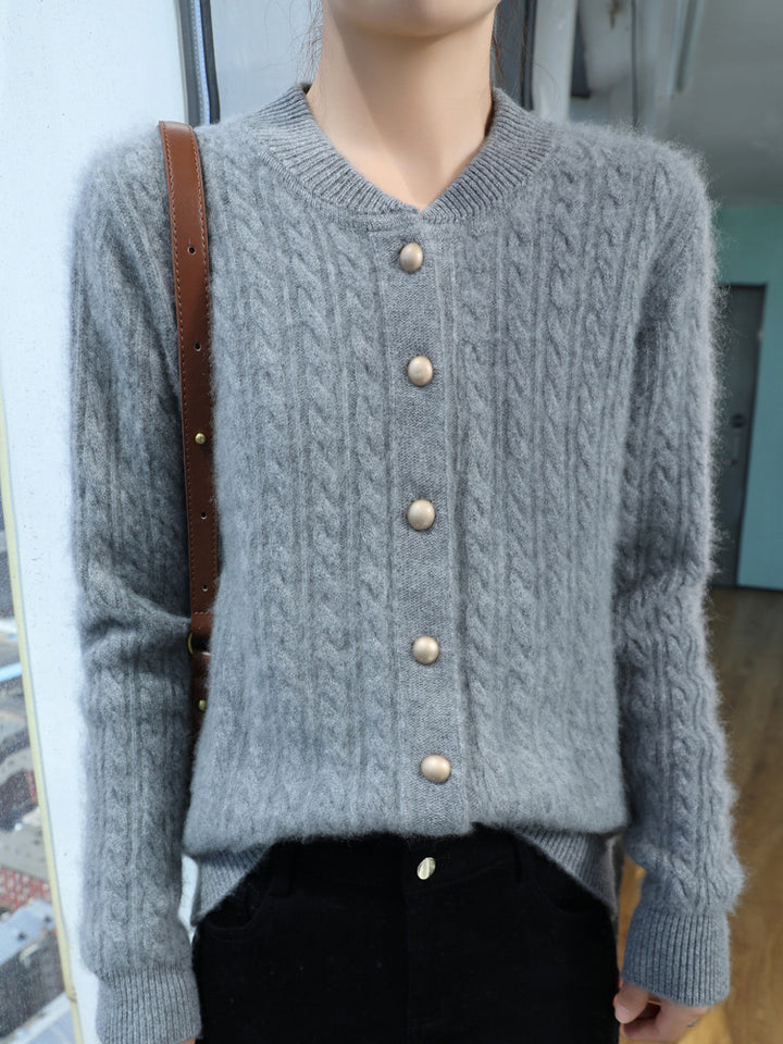 Women's Lightweight Cable Knit Cardigan in Mohair Look with Decorative Pearl Buttons Mune Fashion