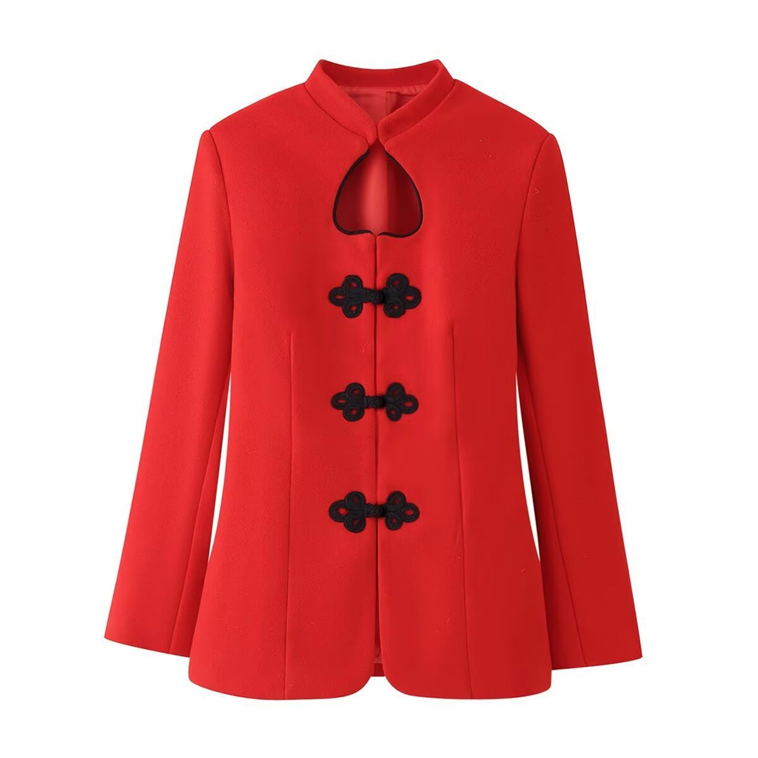 Women's Tailored Short Jacket in Mandarin Style with Keyhole Neckline and Decorative Knot Closures Mune Fashion
