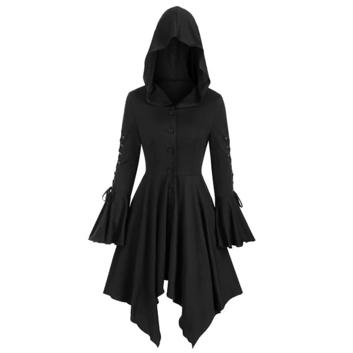Women's Hooded Dress Coat with Asymmetric Turtleneck Hem and Tied Bell Sleeves Mune Fashion
