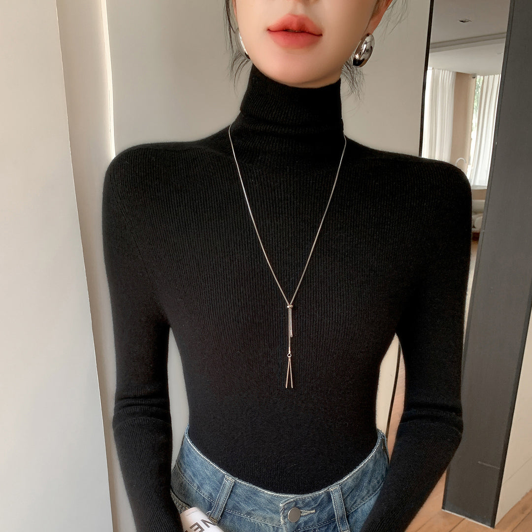 Women Slim Fine Knit Sweater with High Roll Neck and Fine Rib Structure Mune Fashion