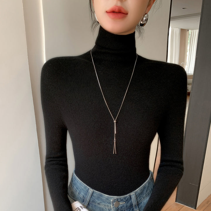 Women Slim Fine Knit Sweater with High Roll Neck and Fine Rib Structure Mune Fashion