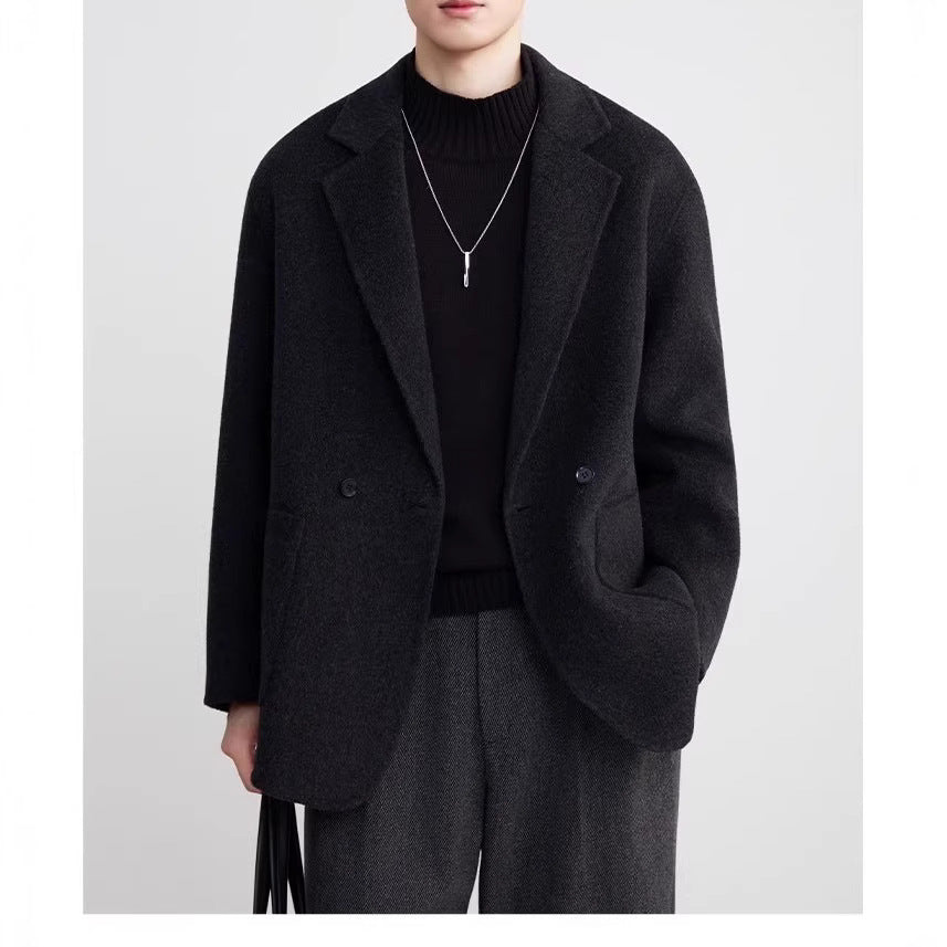 Men's Oversized Double-Breasted Wool Blend Short Coat with Patch Pockets Mune Fashion