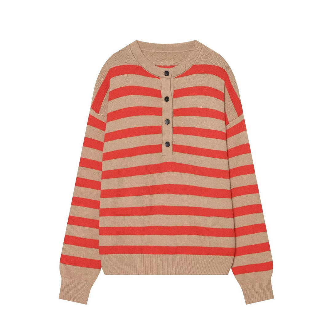 Women's Striped Knitted Sweater with Henley Button Placket Mune Fashion
