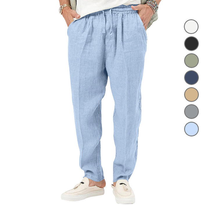 Men's linen jog pants with elastic tunnel drawstring waistband and tapered leg Mune Fashion