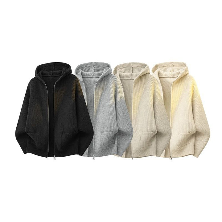 Women's Cozy Oversized Ribbed Knit Hooded Jacket with Two-Way Zipper & Patch Pockets Mune Fashion
