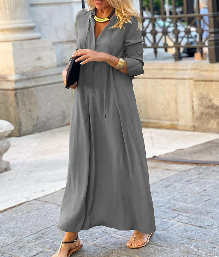 Ladies Maxi Dress with V-Neck, Long Sleeve, Loose A-Line Silhouette and Drawstring Mune Fashion