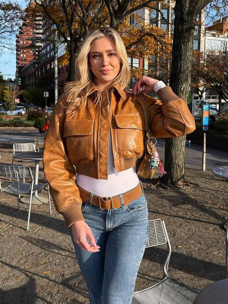 Women's Short Leather-Look Blouson Jacket with Large Flap Pockets and Ribbed Cuff Mune Fashion