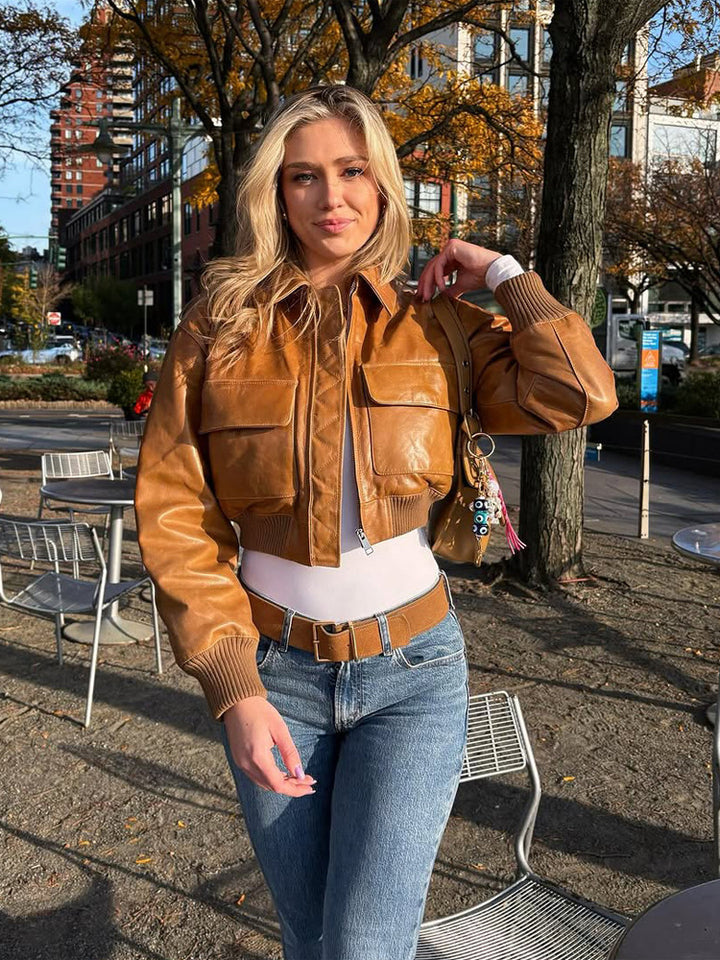 Women's Short Leather-Look Blouson Jacket with Large Flap Pockets and Ribbed Cuff Mune Fashion