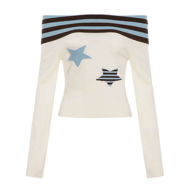 Women's Off-Shoulder Fine Knit Sweater with Fold-Down Collar and Star Application Mune Fashion