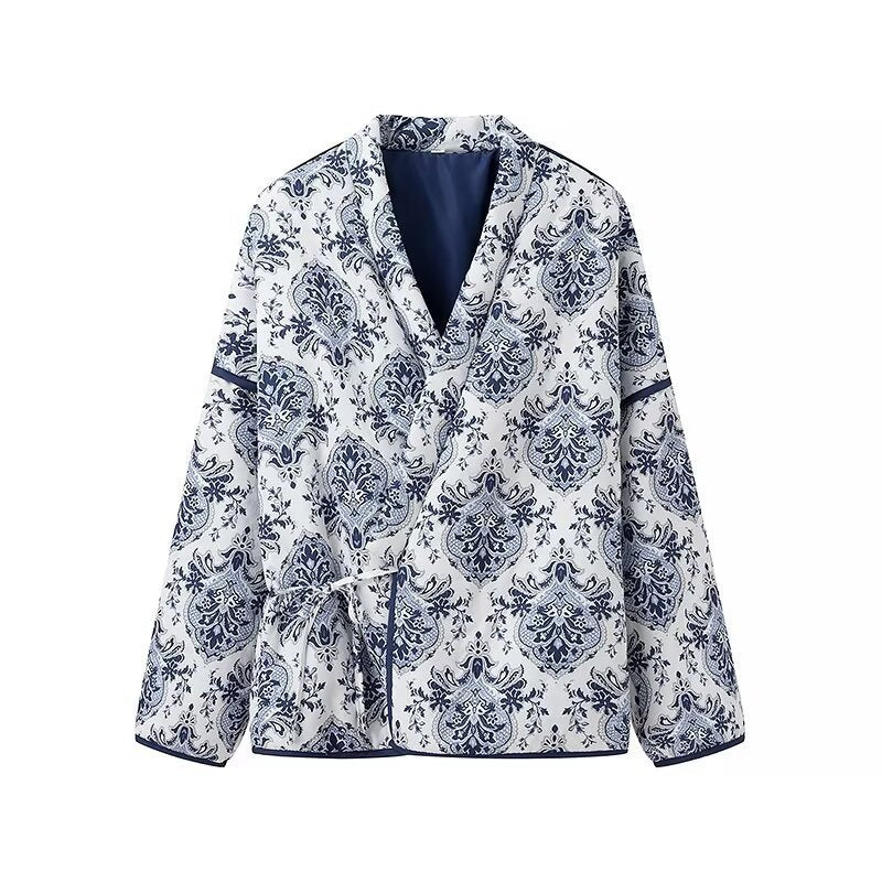Women Quilted Kimono Jacket with Ornamental Jacquard Look and Contrasting Piping Mune Fashion