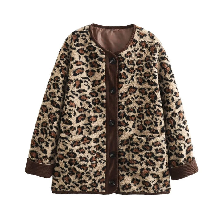 Ladies teddy jacket with leopard print, cord trim and button closure Mune Fashion