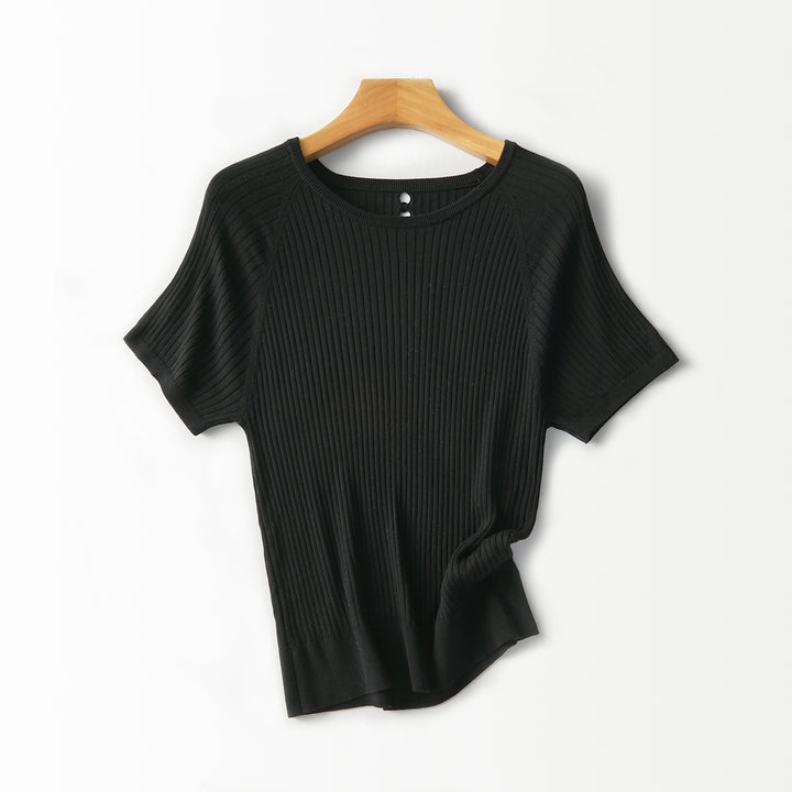 Women's Ribbed Short Sleeve Knit Top with Round Neckline and Keyhole Detail Mune Fashion