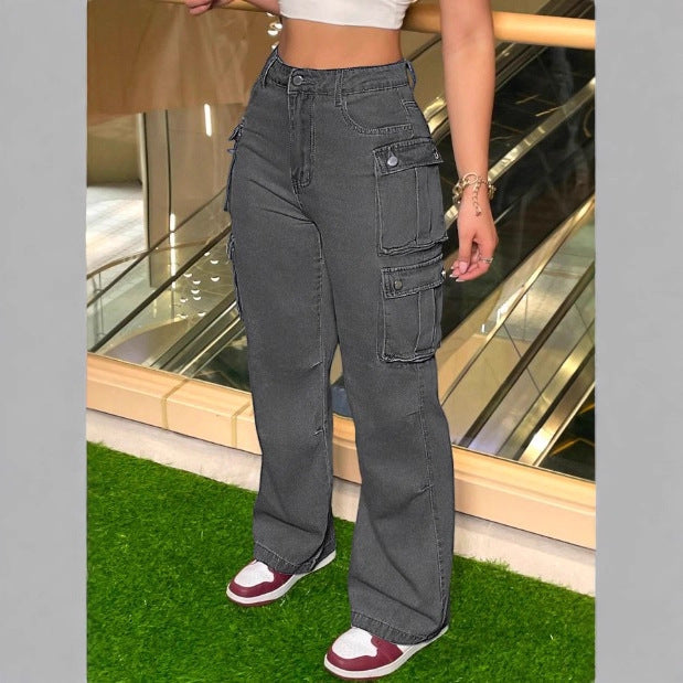 Women's Cargo Denim Pants with Wide Leg, High Waist & Multifunctional Flap Pockets Mune Fashion