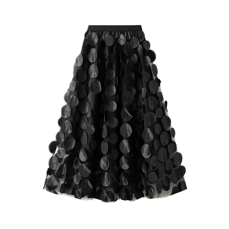 Women's flared midi skirt with transparent 3D appliqués and elastic waistband Mune Fashion