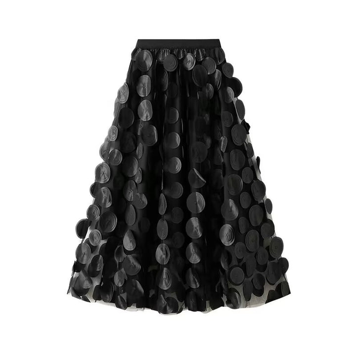 Women's flared midi skirt with transparent 3D appliqués and elastic waistband Mune Fashion