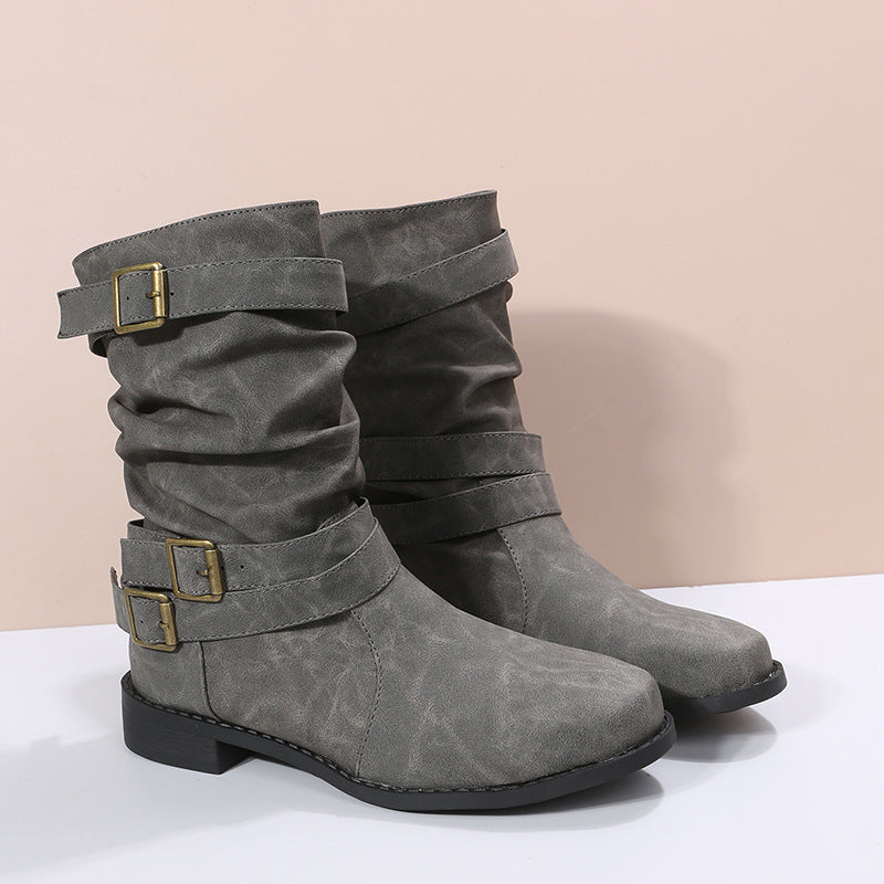 Ladies casual ankle-high ankle boots with gathered shaft, decorative buckle straps and flexible profile sole Mune Fashion