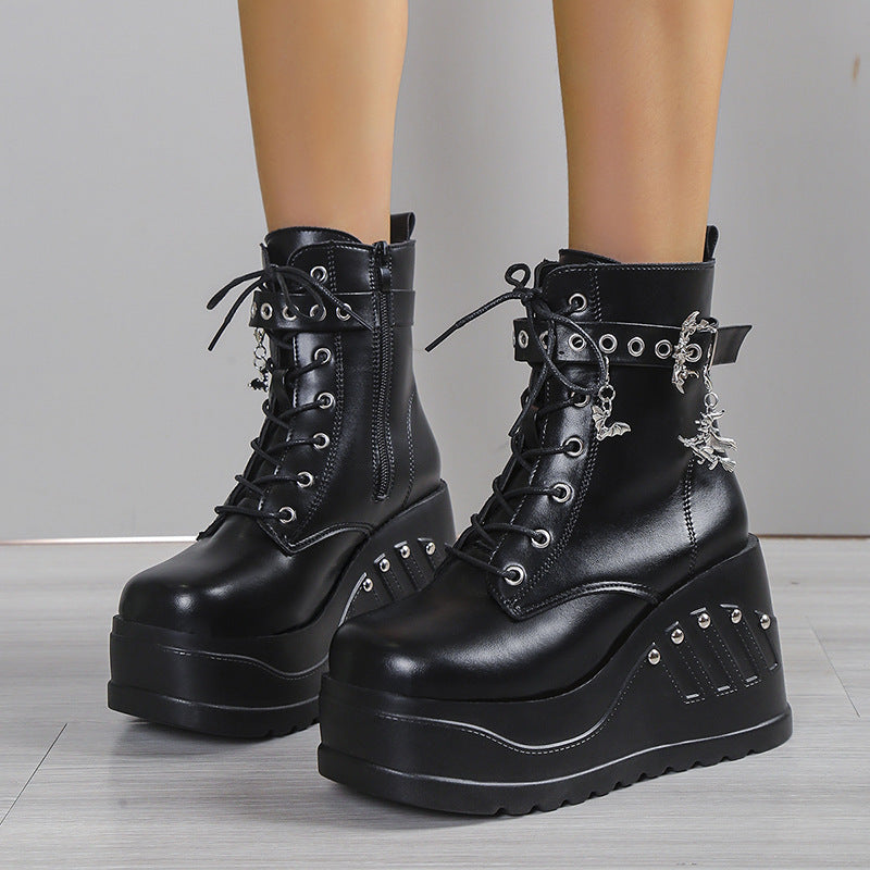 Women's Gothic Platform Ankle Boots with Lacing, Eyelet Straps, and Pendant Details Mune Fashion