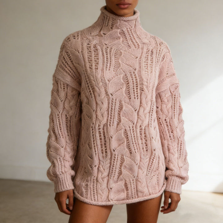 Women's Oversize Turtleneck Sweater with Openwork Cable Pattern Mune Fashion